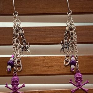 Purple Skull and Silver Chain Earrings